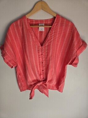 GAP Coral Stripe Tie-Front Linen Blouse - Short Sleeve V-Neck